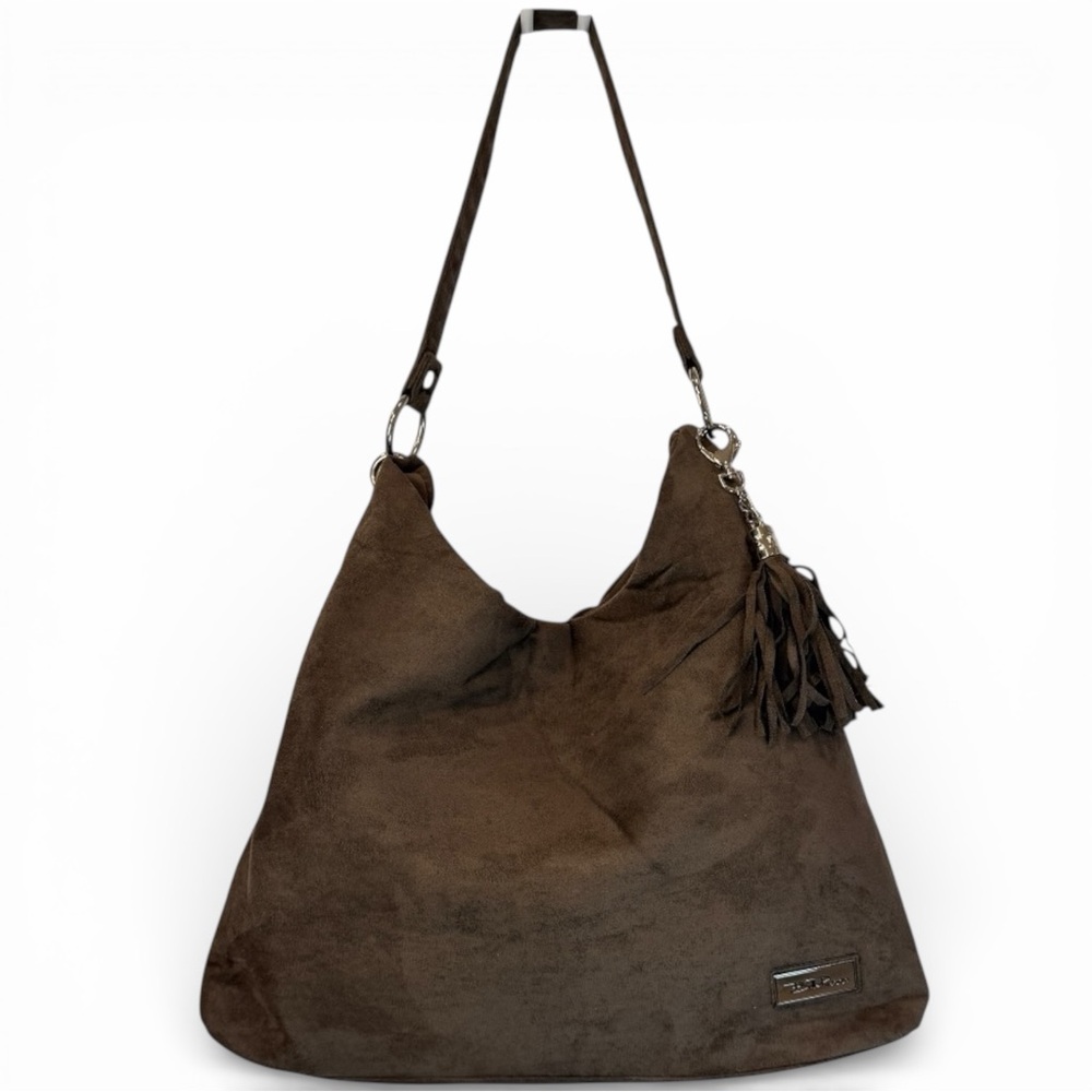 Bella Russo Large Faux Suede Hobo Shoulder Bag Taupe Brown Tassel Charm Boho